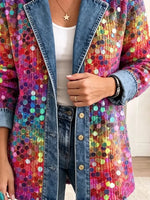 Retro Shiny Sequins Pattern Art Casual Denim Patchwork Stylish Long Sleeve Coat