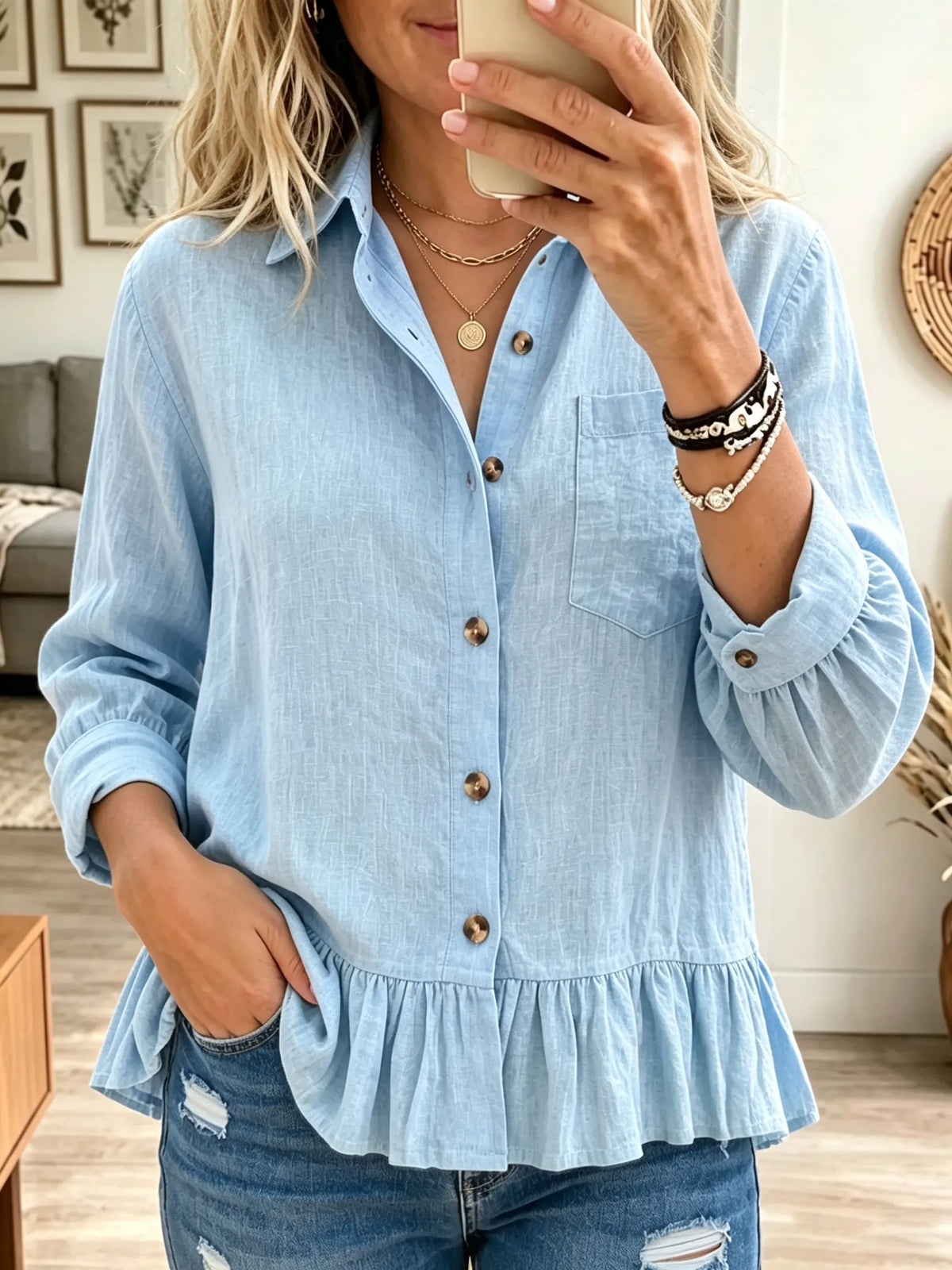 Women's Ruffled Hem Linen-Blend Button-Down Shirt