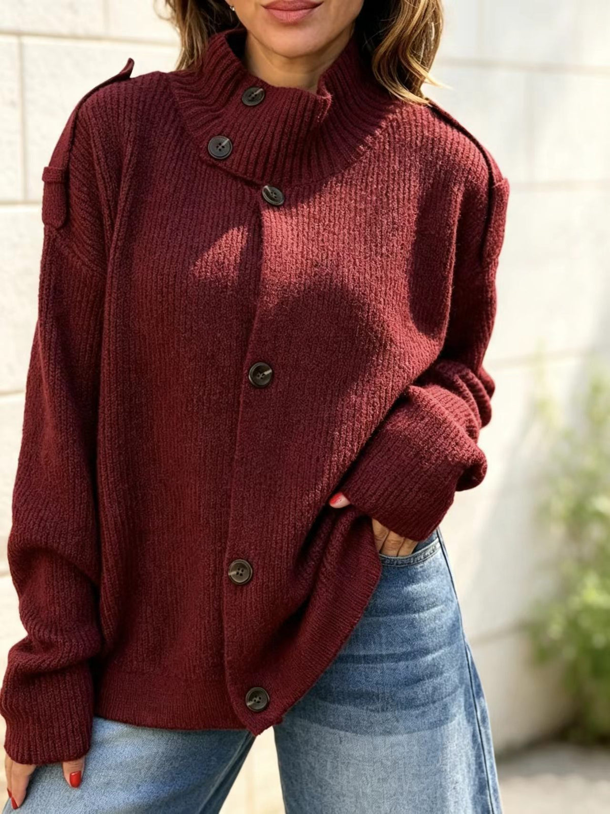 Stand Collar Button‑Down Shoulder Detail Knit Cardigan