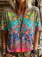 Women's Paisley Rose Gradient Floral Print Crew Neck Short Sleeve T-Shirt