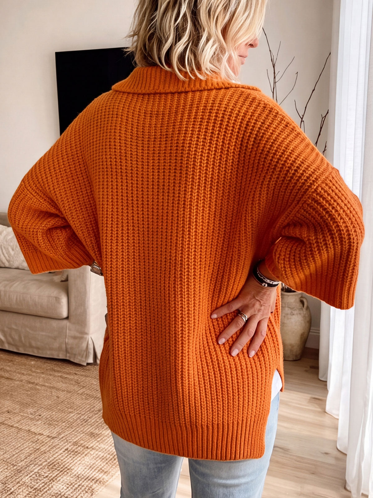 Collared Big Button Chunky Knit 3/4 Sleeve Cardigan