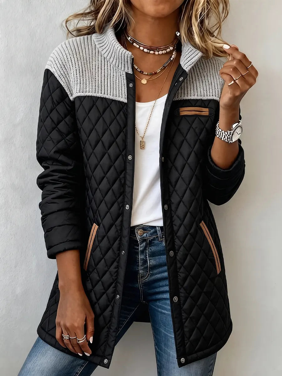 Vintage Elegant Knit Patchwork Pu Quilted Coat