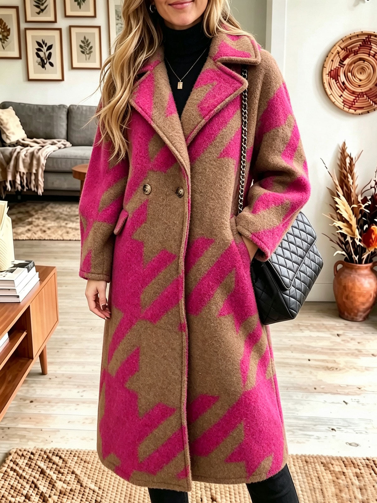 Women Lapel Winter Geometric Jacquard Double‑breasted Long Wool Blend Coat Overcoat