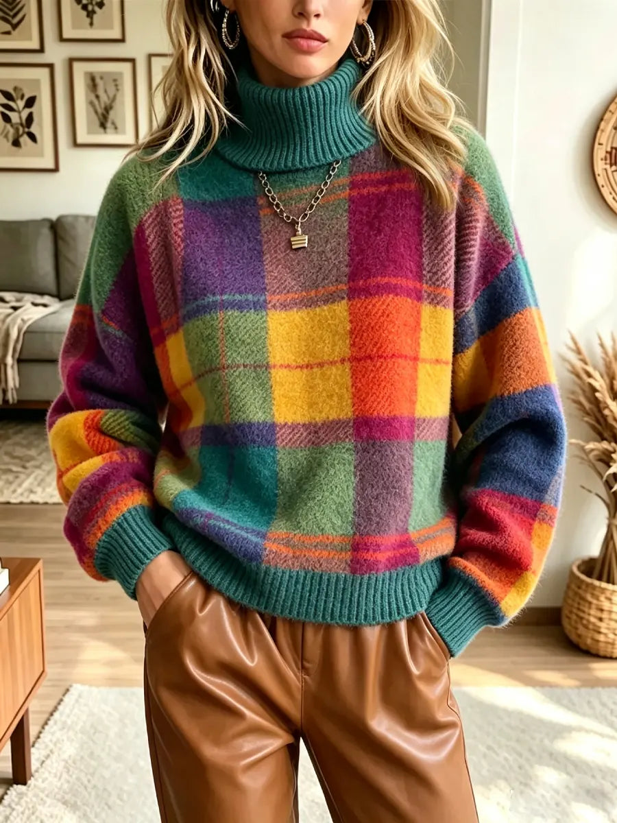 Retro Plaid Pattern Turtleneck Art Casual Stylish Long Sleeve Knit Sweater
