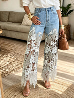 Floral Lace Patchwork Wide Leg Jeans, Women High Waist Hollow‑Out Fringe Denim Pants