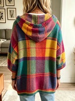 Women's Colorful Plaid Knit Poncho Hoodie