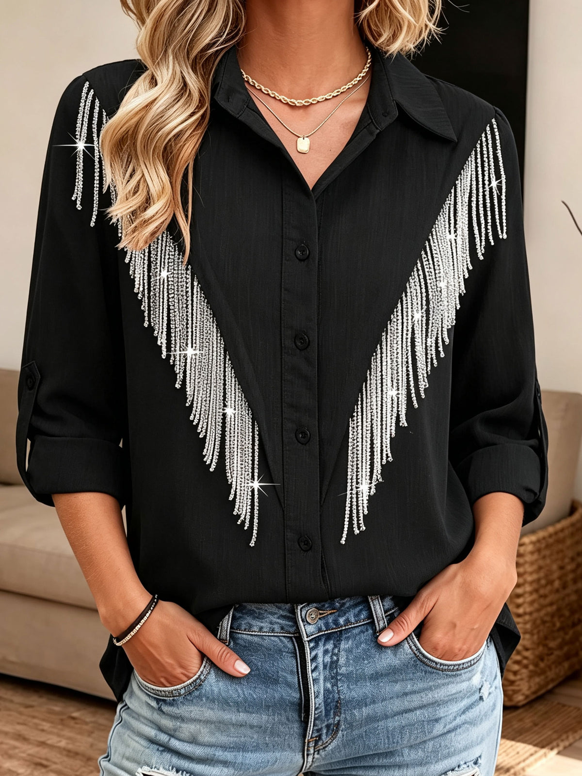 Women Collar Roll‑tab Long Sleeve Western Rhinestone Fringe Button‑down Shirt Blouse