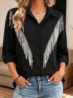 Women Collar Roll‑tab Long Sleeve Western Rhinestone Fringe Button‑down Shirt Blouse