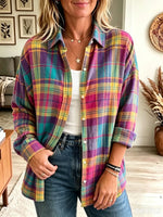 Retro Plaid Pattern Art Print Casual Stylish Long Sleeve Cotton Linen Shirt