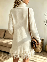 Women's Turtleneck Fringe Hem Sweater Mini Dress