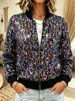 Women Multicolor Sequin Bomber Jacket Zip‑Up Long Sleeve Ribbed Collar Party Coat