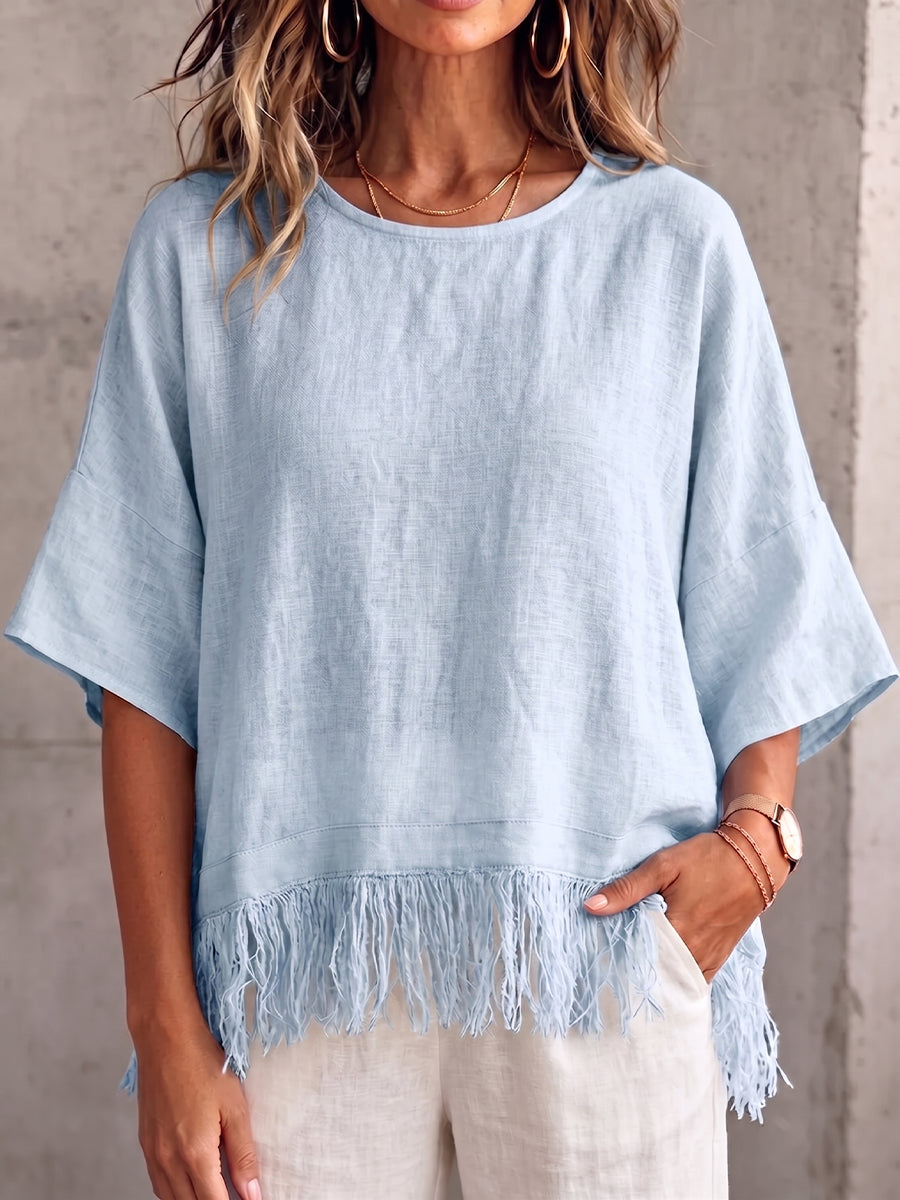 Vintage Elegant Cotton And Linen Patchwork Tassel Shirt Top