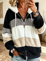 Women Loose Warm Fleece Color Block Fuzzy Zip Up Hooded Jacket Coat