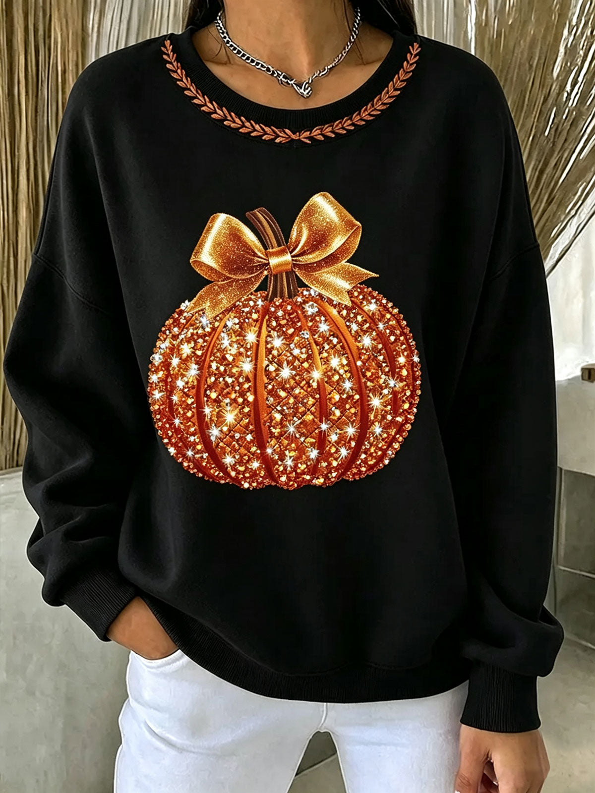 Women Sparkly Pumpkin Bow Graphic Crewneck Fall Sweatshirt
