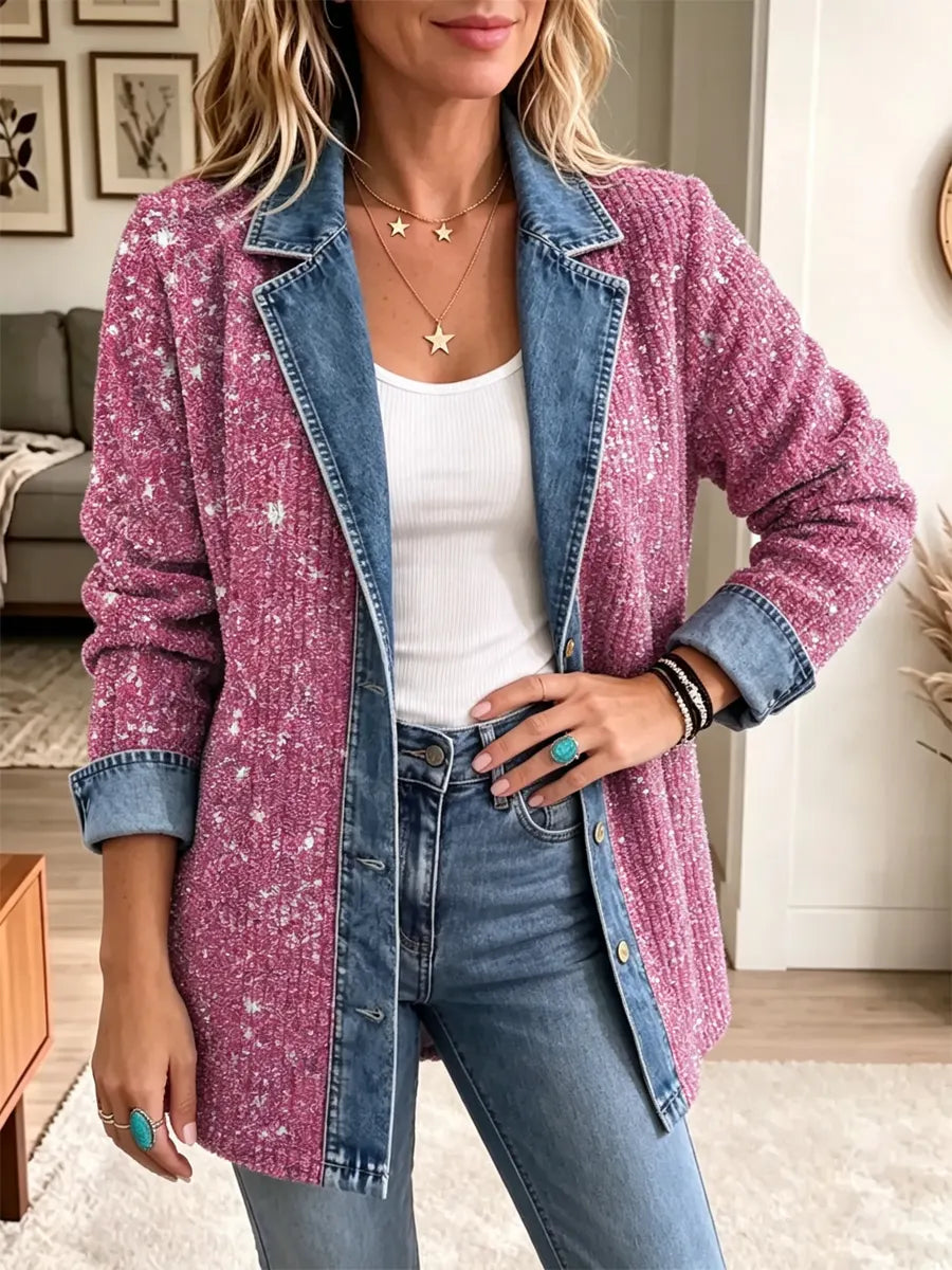 Retro Chic Pink Shiny Art Casual Denim Patchwork Stylish Long Sleeve Coat