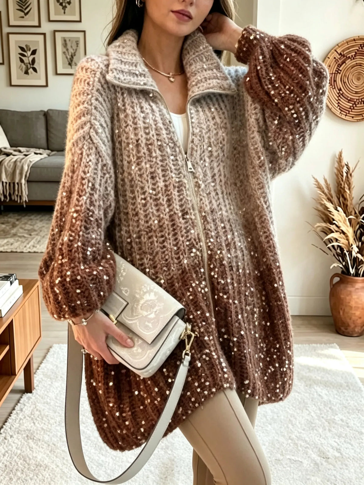 Women's Ombre Sequin Zip-Up Cardigan
