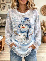 Women's Beaded Snowman Graphic Print Lace Blouse