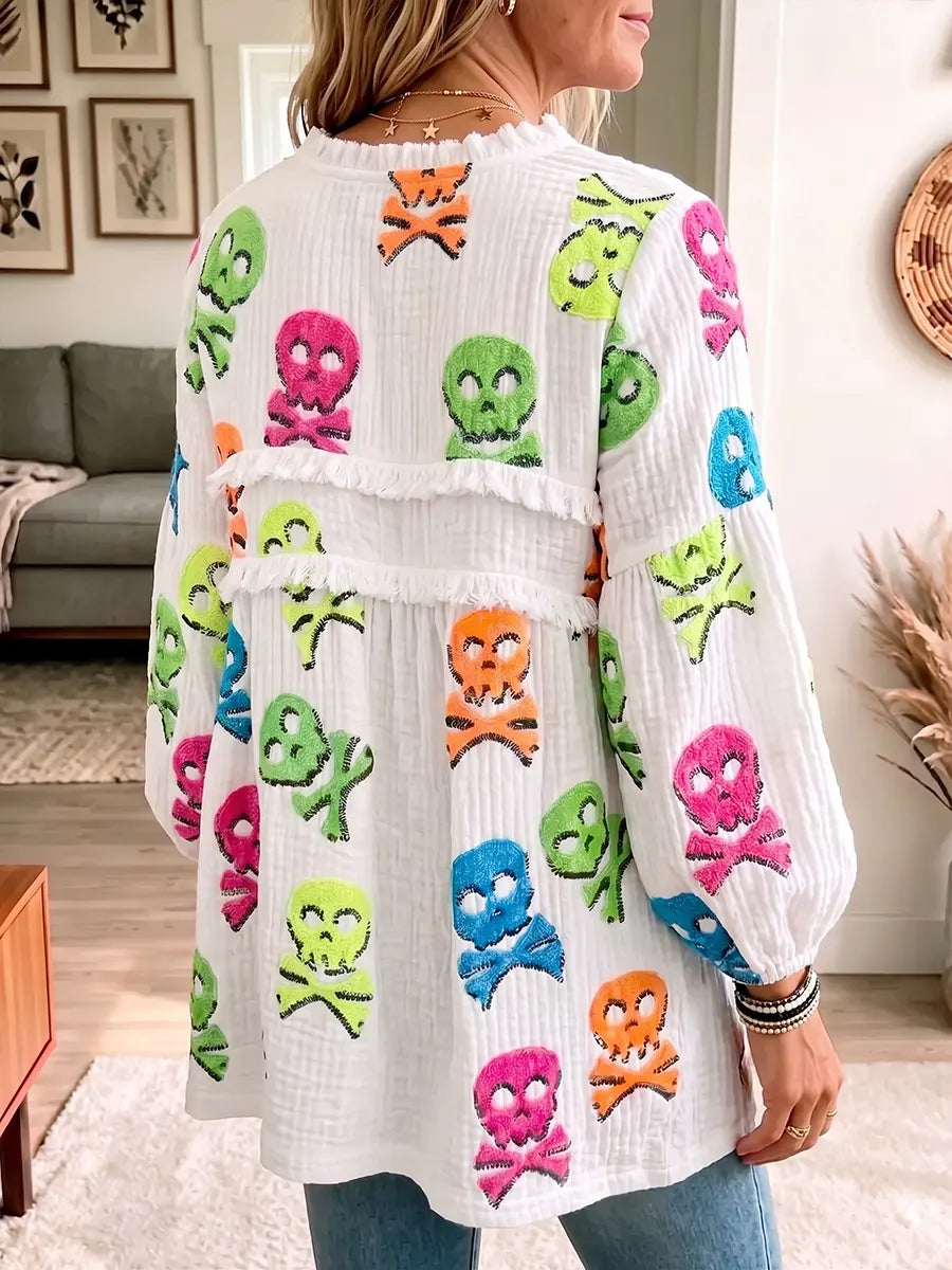 Vintage Elegant Cotton And Linen Patchwork Frayed Halloween Shirt