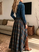 Women's Vintage Elegant Suede Patchwork Plaid Print Dress