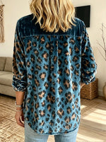 Women Leopard Print Velvet Button‑Down Long Sleeve Shirt Blouse