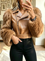 Women's Vintage Fluffy Sleeve Asymmetrical Zipper Cropped Biker Jacket