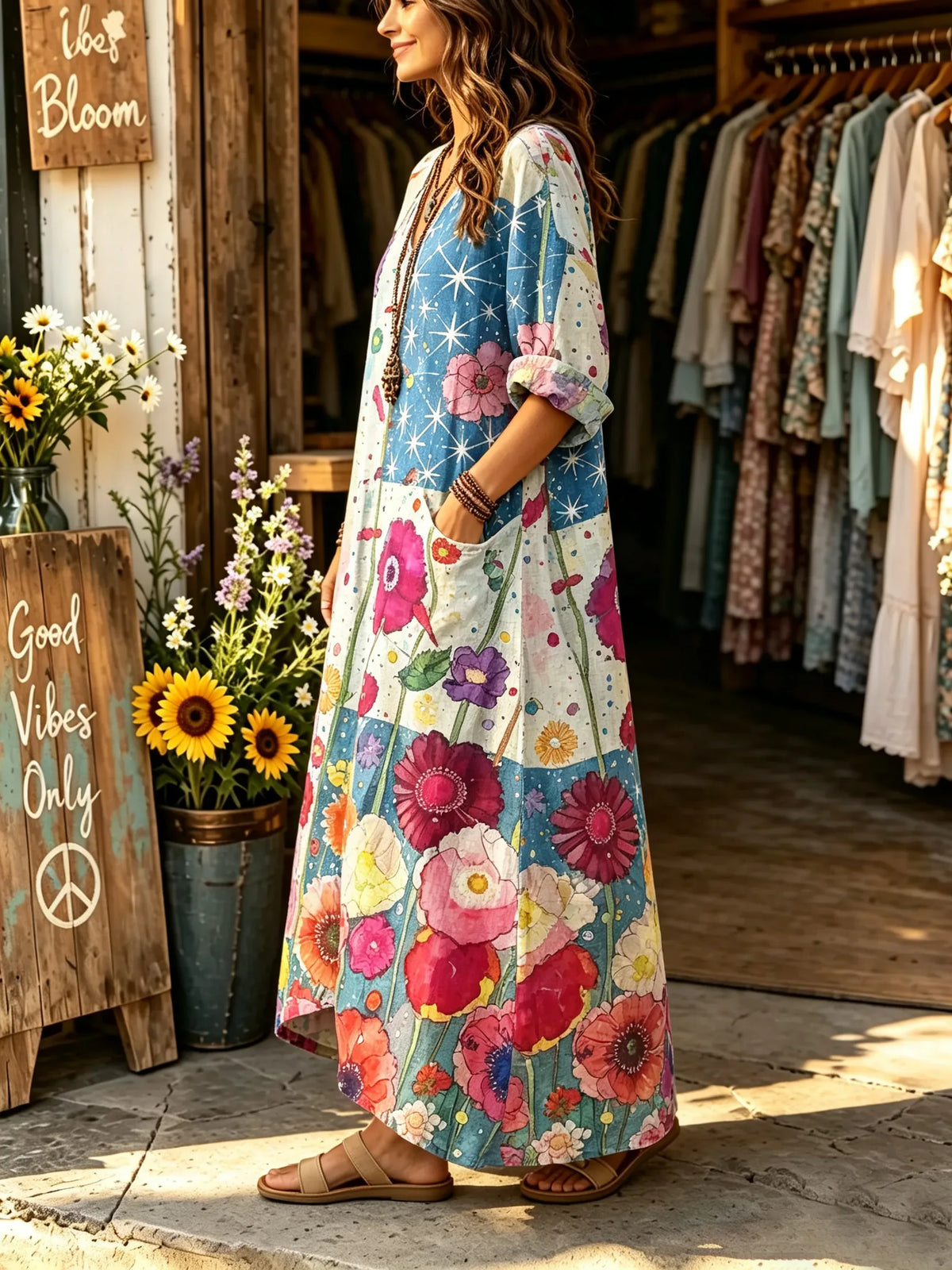 Women's Color Block Watercolor Big Floral Starry Sky Spliced Print V-neck Maxi Dress