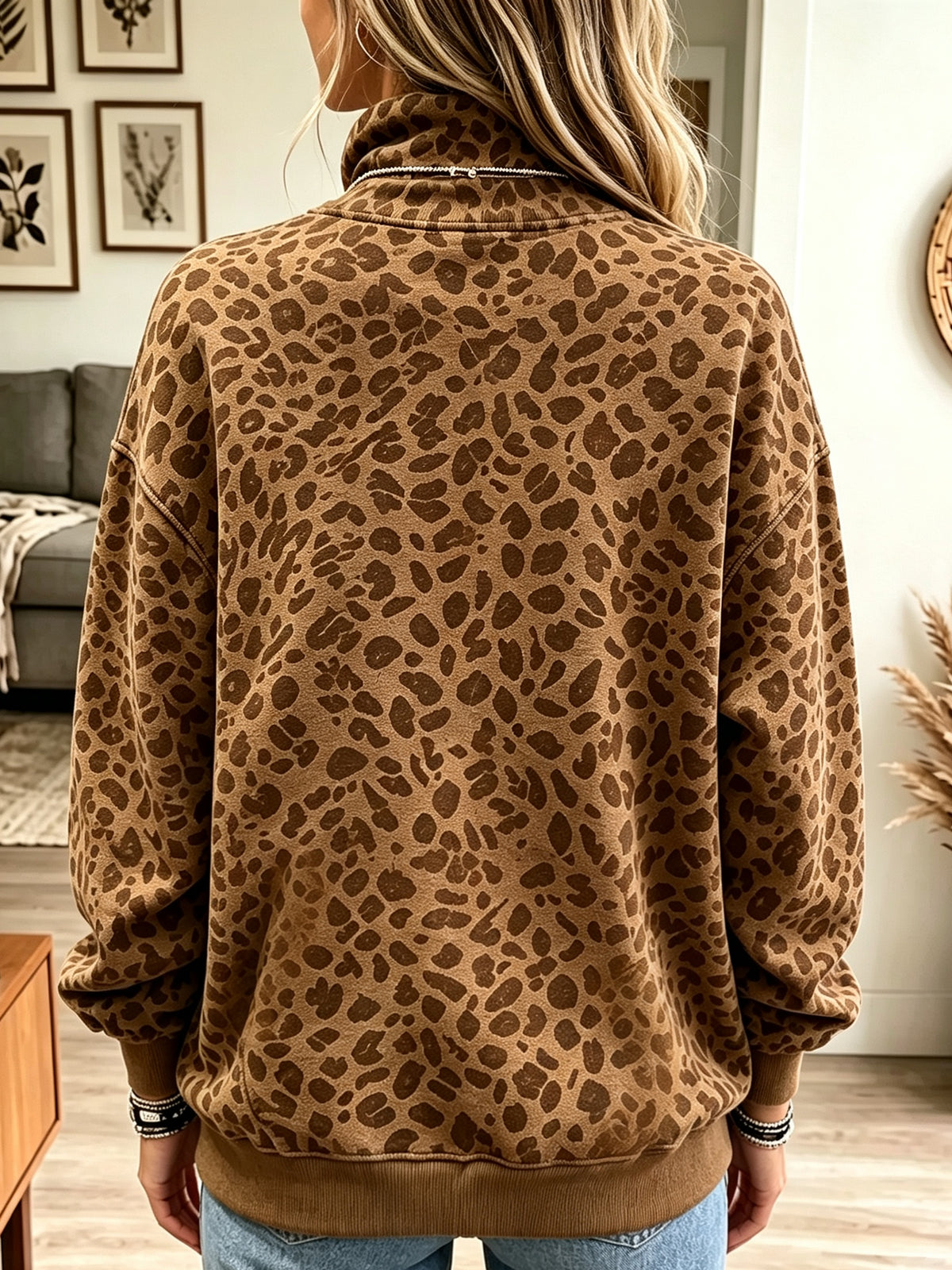 Women's Leopard Print Mock Neck Pullover Sweatshirt