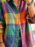 Retro Plaid Pattern Art Print Casual Stylish Long Sleeve Cotton Linen Shirt