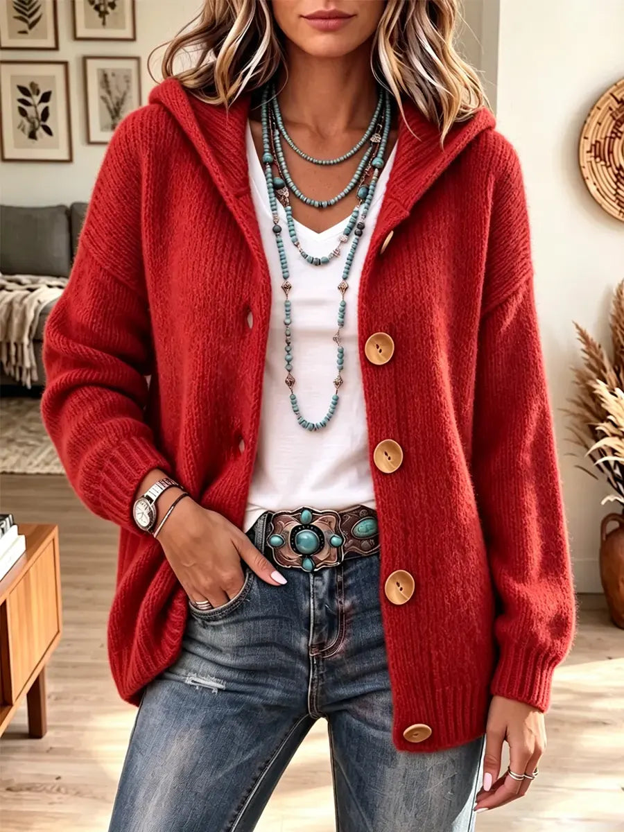 Retro Solid Color Hooded Art Casual Stylish Long Sleeve Cardigan Sweater
