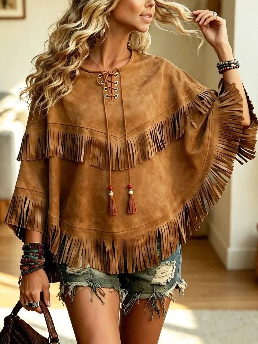 Retro Ethnic Fringe Suede Art Casual Stylish 3/4 Sleeve Poncho Top
