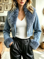 Retro Denim Fur Patchwork Art Casual Stylish Long Sleeve Coat