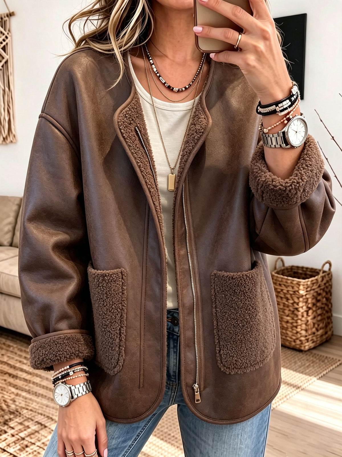 Women Drop Shoulder Pocket Vintage Faux Leather Sherpa Lined Zip JacketOuterwear