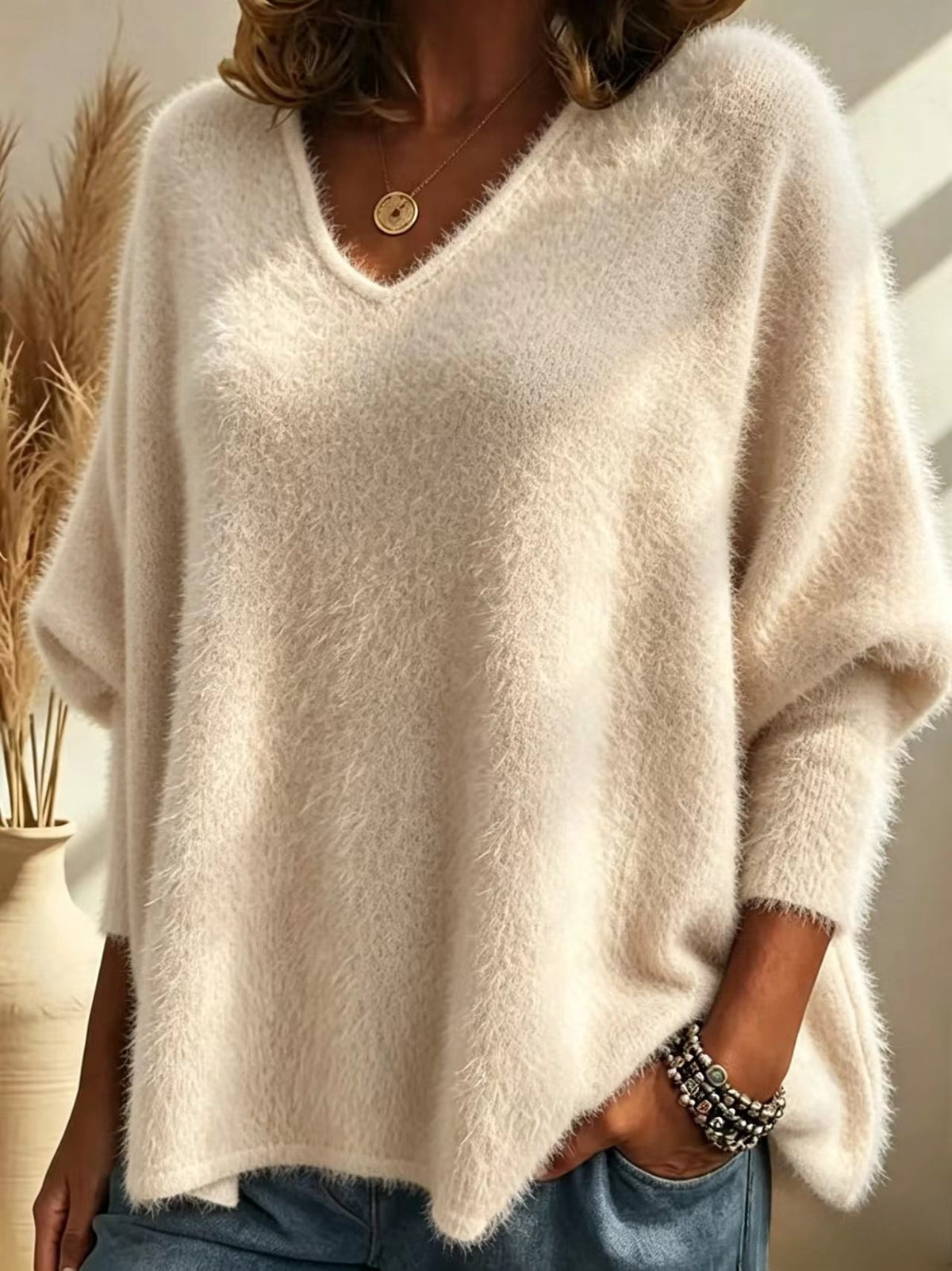Oversized Fuzzy Mohair‑Style V‑Neck Sweater, Women Batwing Loose Soft Knit Pullover