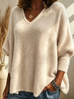 Oversized Fuzzy Mohair‑Style V‑Neck Sweater, Women Batwing Loose Soft Knit Pullover