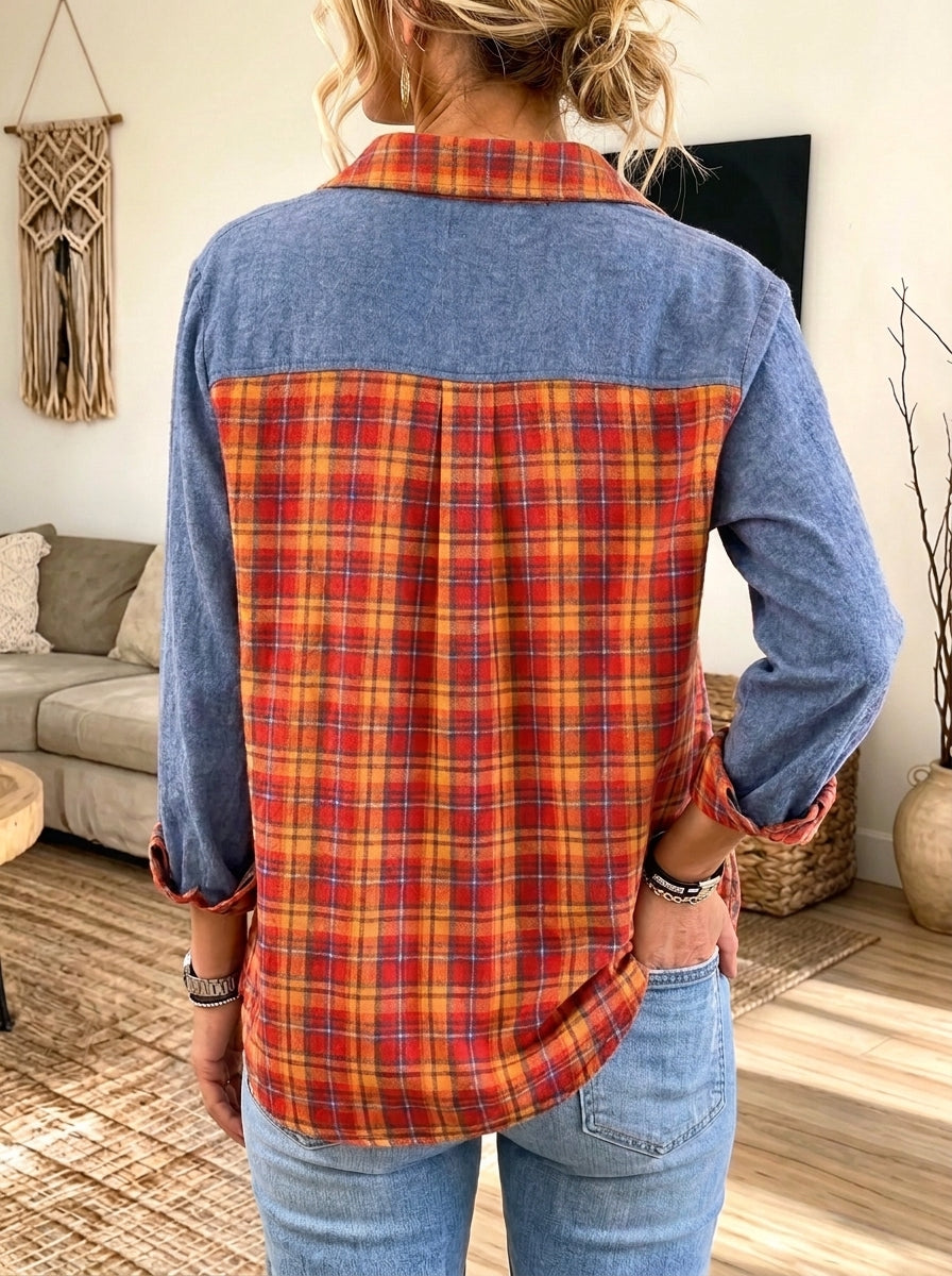 Women Denim Plaid Spliced Button‑down Long Sleeve Shirt With Pocket