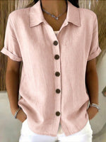 Casual Cozy Basic Button-up Linen-cotton Short-sleeved Shirt