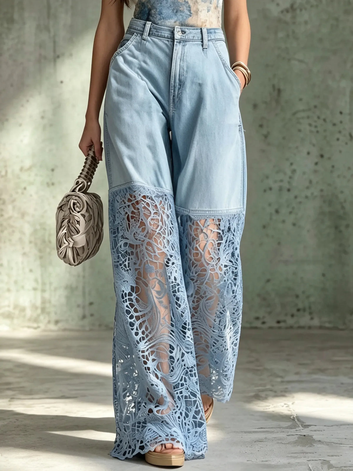 Women's Sheer Floral Lace Wide-Leg Denim Pants