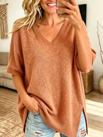Women Oversized Side Slit Loose Sweater V‑neck Short Sleeve Knit Top Blouse
