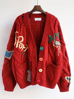 Embroidered Cable Knit Open Front Cardigan, Women Colorful Button Sweater Coat