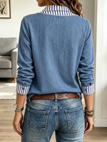 Retro Chic Stripe Denim Patchwork Art Casual Stylish Long Sleeve Shirt
