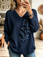 Women's 3D Floral Embellished V-Neck Knit Sweater