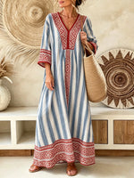 Women’s Blue White Vertical Stripe Ethnic Geometric Print V-Neck Loose Maxi Vacation Dress