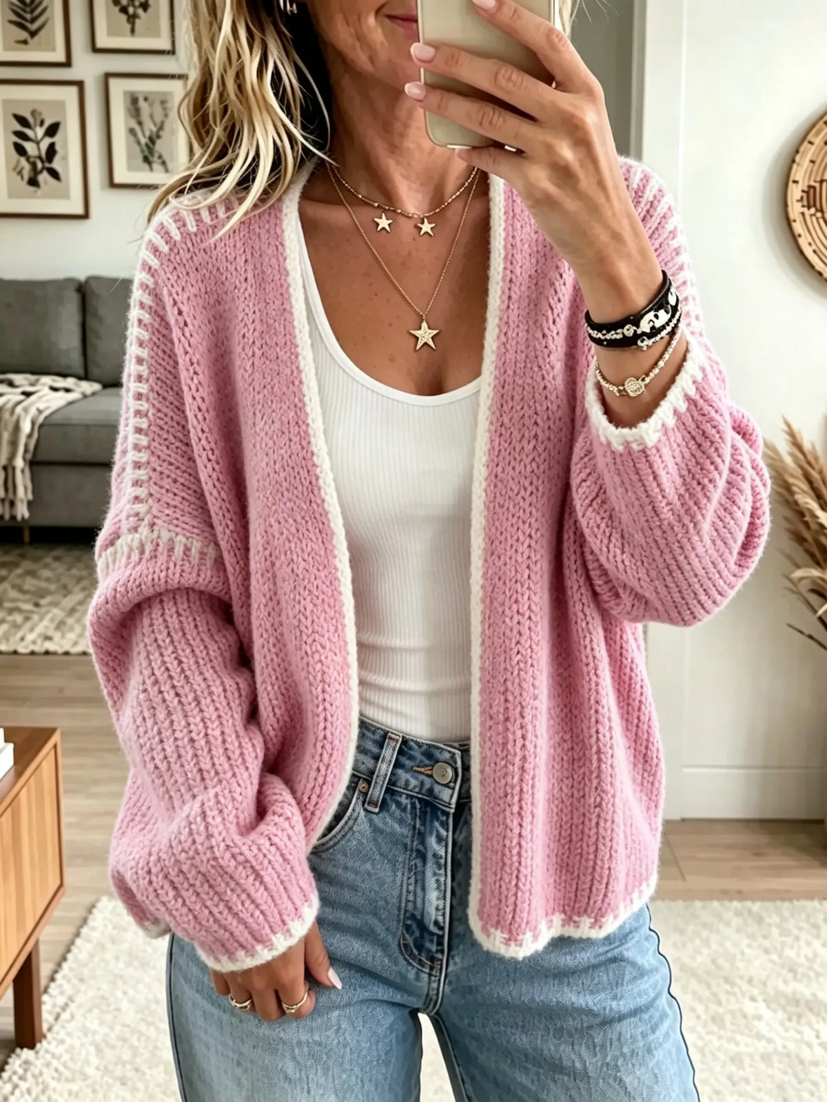 Women's Blanket Stitch Trim Open-Front Cardigan