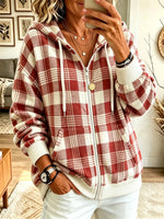Women's Plaid Knit Full-Zip Hooded Cardigan