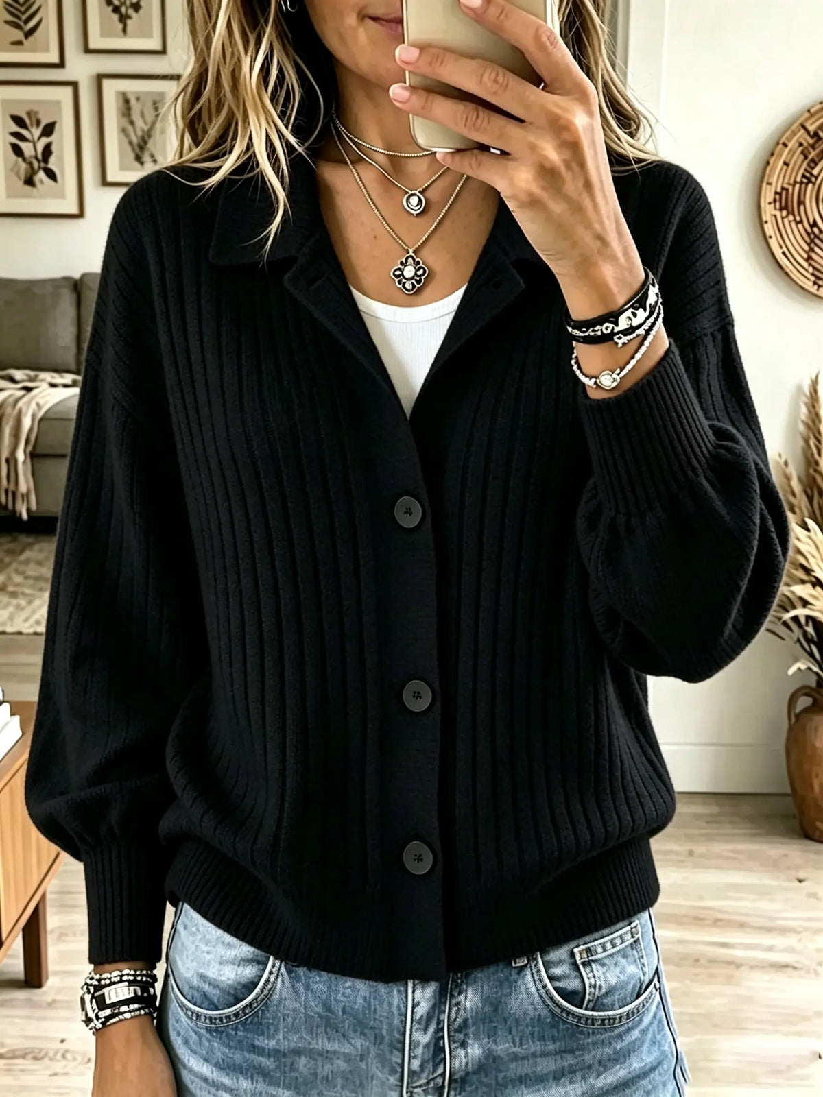 Women's Polo Collar Button-Down Ribbed Cardigan