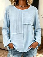 Women Patchwork Textured Long Sleeve Crew Neck Casual Loose Blouse Top,