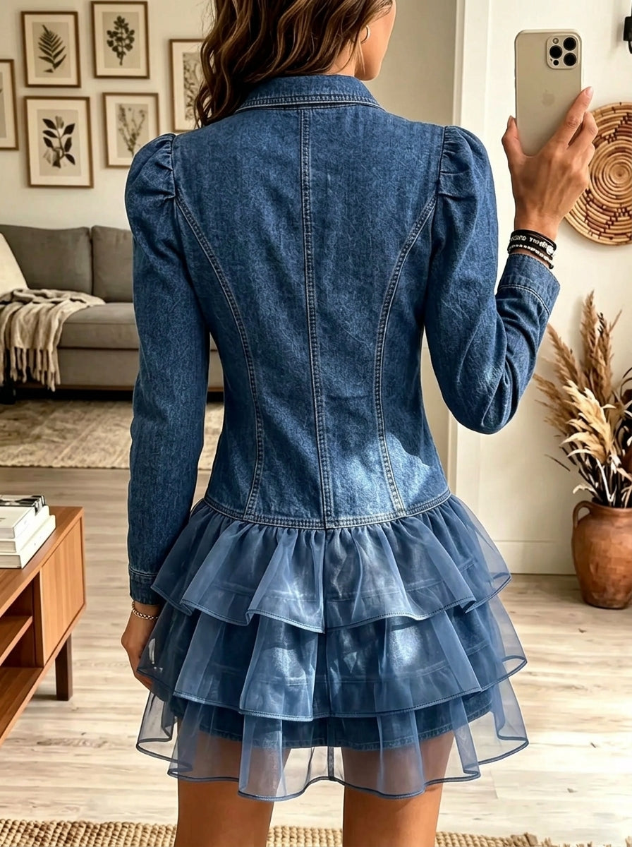Women's Tiered Tulle Ruffle Hem Denim Mini Dress