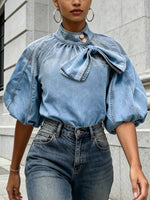 Retro Elegant Bow Gradient Color Art Casual Stylish Short Sleeve Denim Shirt