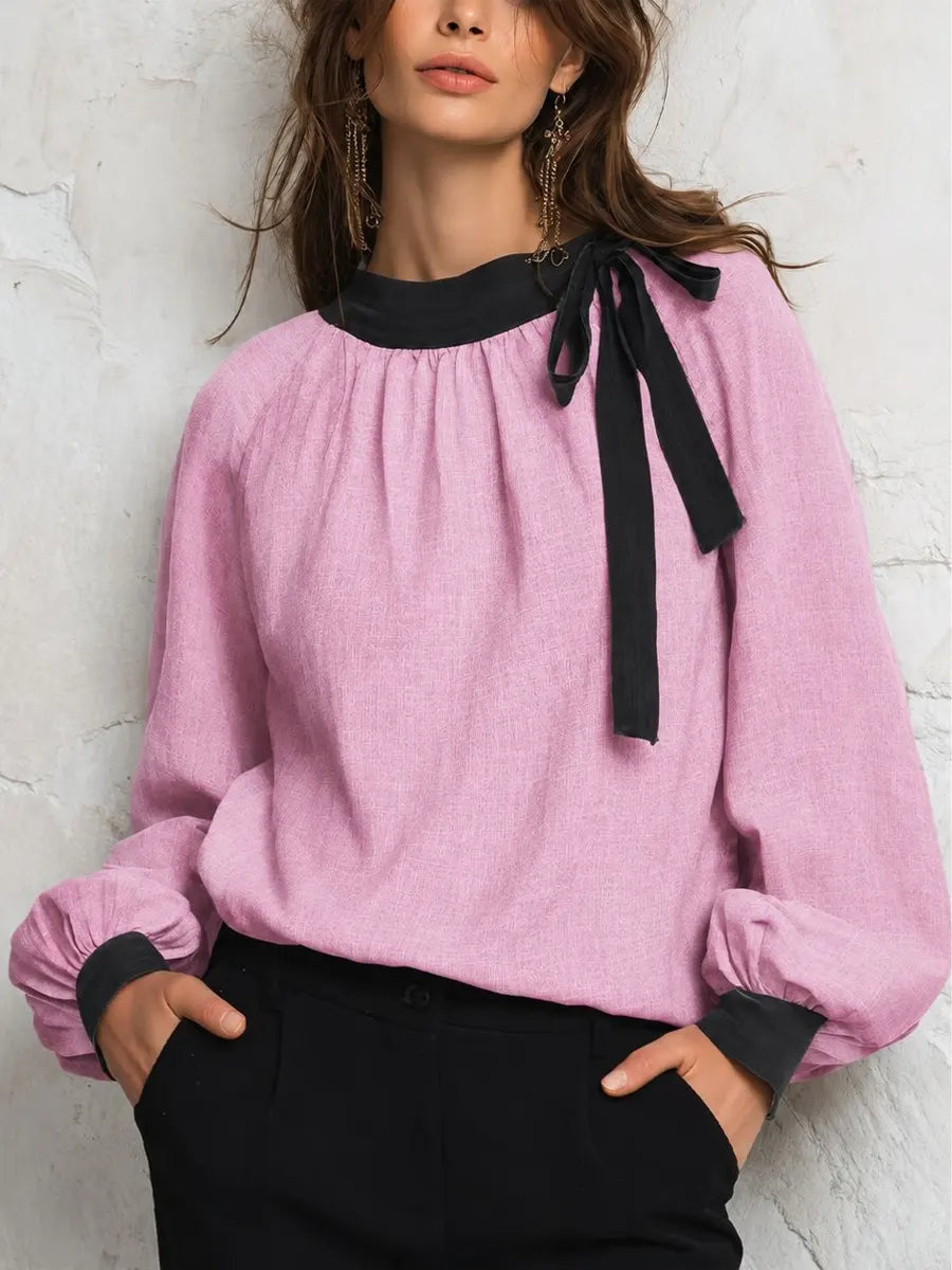 Retro Elegant Bow Color Block Art Casual Stylish Long Sleeve Cotton Linen Shirt