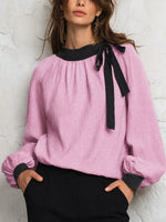 Retro Elegant Bow Color Block Art Casual Stylish Long Sleeve Cotton Linen Shirt